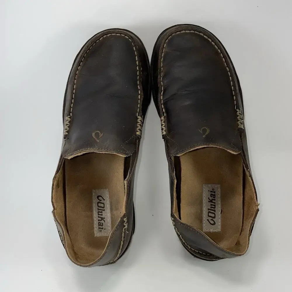OluKai Moloa Dark Wood Leather Loafers Slip On Casual Shoes Mens Size 8 Hawaiian